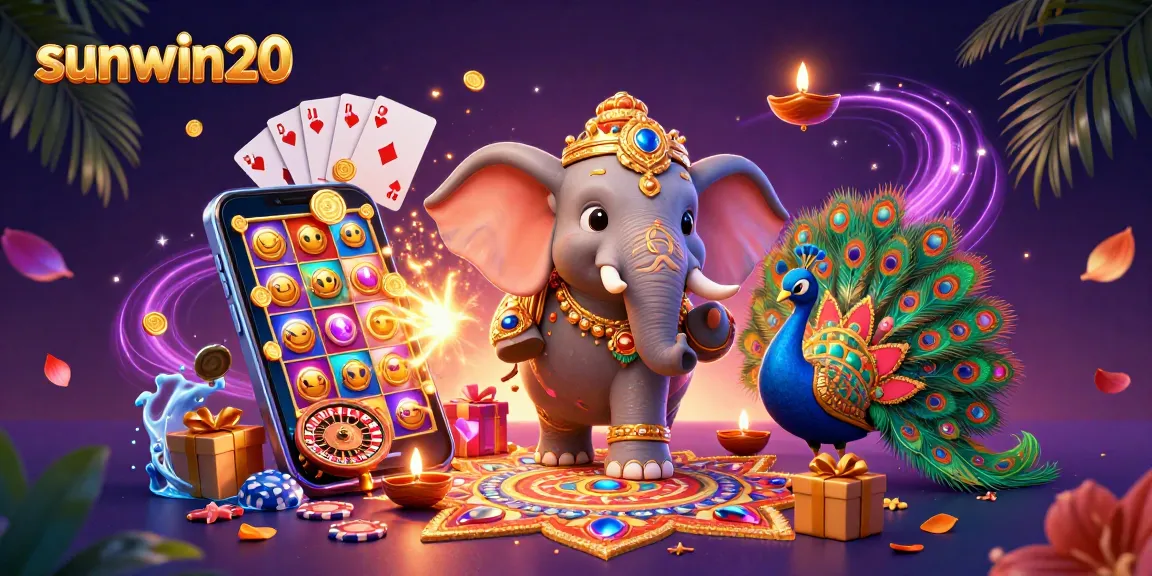 Experience vibrant wins with sunwin20 - a lively 3D illustration featuring colorful casino elements and joyful characters.