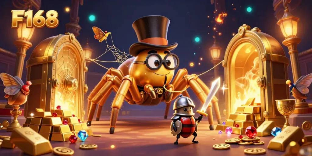 Experience F168's enchanting casino world with a golden tarantula and beetle knight in action.