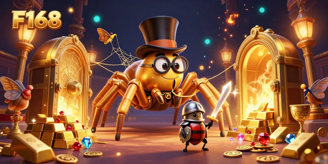 Experience F168's enchanting casino world with a golden tarantula and beetle knight in action.