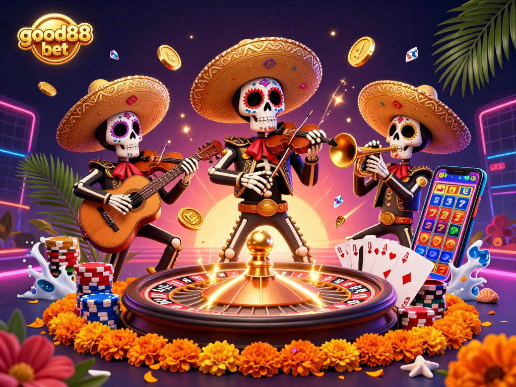 Engage in dynamic online gaming with good88 bet, featuring lively characters, casino elements, and vibrant colors.