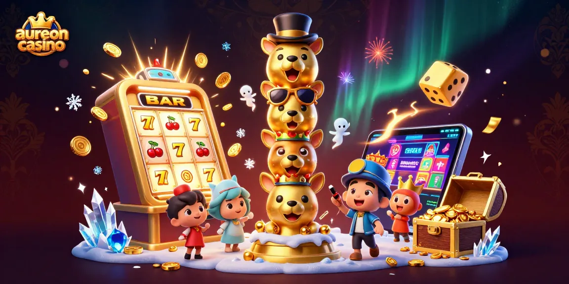 Aureoncasino captivates with a lively 3D scene of themed characters, slot excitement, and festive casino vibes.