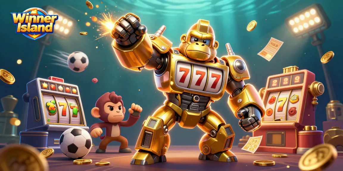 Experience thrilling play at Winner Island with a dynamic 3D casino illustration featuring exciting slot elements and a golden mech.