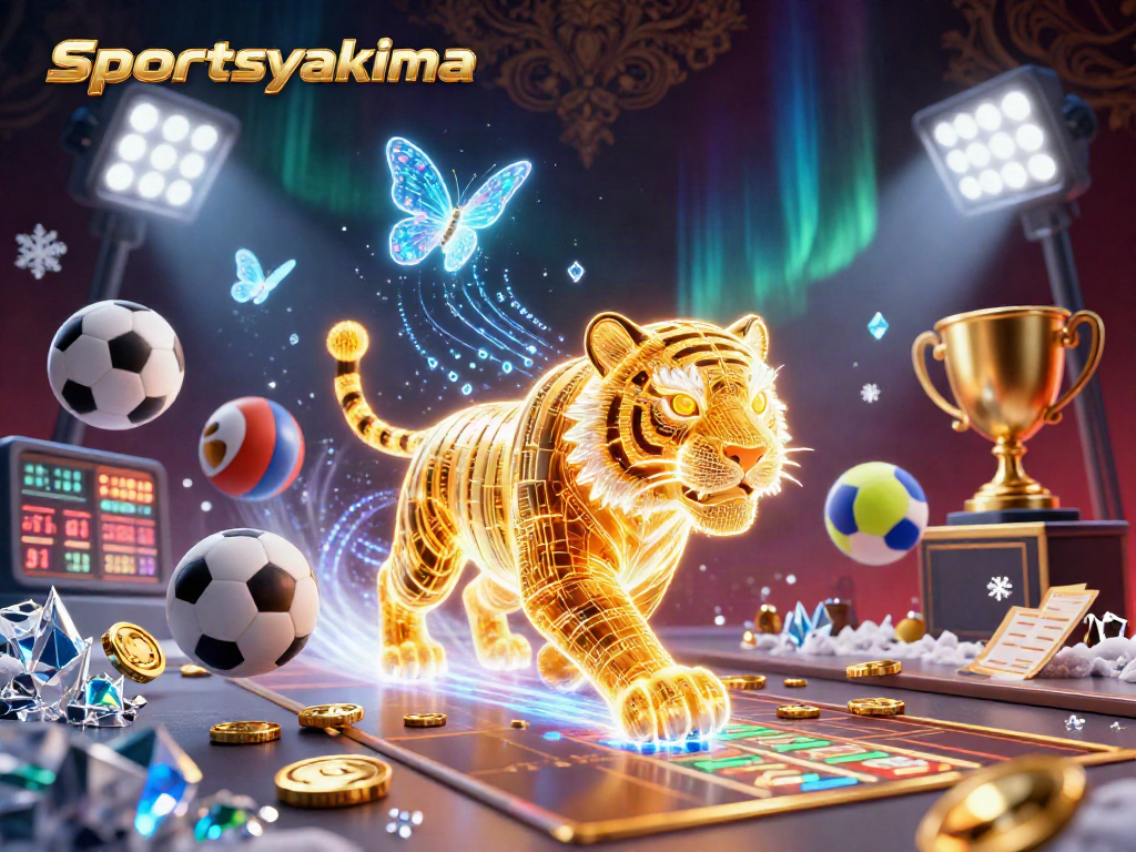 Experience sportsyakima action with a neon golden tiger amidst a vibrant digital casino landscape.