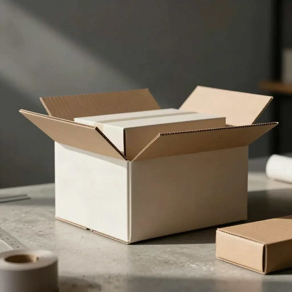 Open verpakkingsdoos met labelwikkel en zijdepapier in een donkere studio-opstelling.