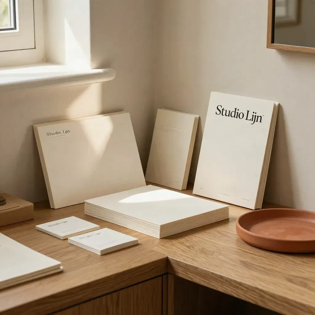 Stijlvolle merkhoek met kaartstapel, stationery en terracotta ledge in warm licht.