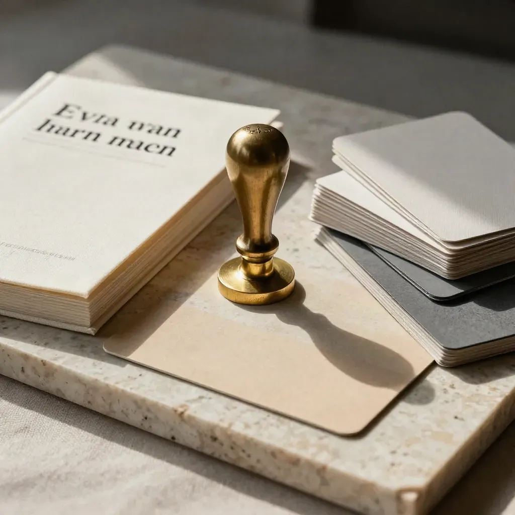 Merkset met stempel, merkboek en social cards in warme, minimalistische styling voor Eva van Rijn.
