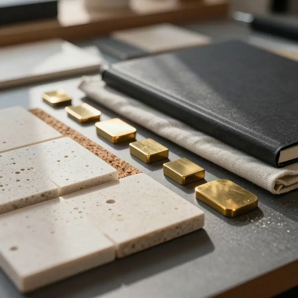 Travertin, kurk, linnen en messing samples naast een gesloten notitieboek op een designwerkplek.