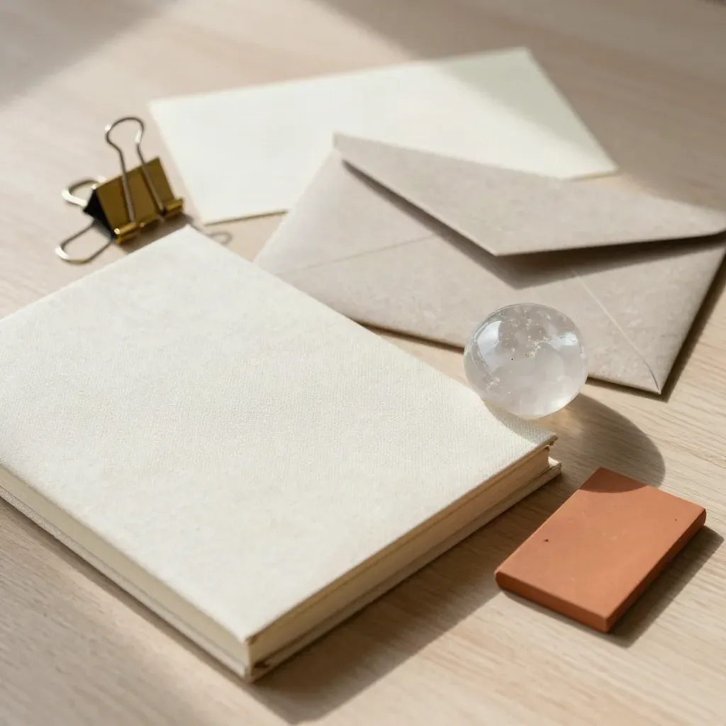 Bovenaanzicht van notitieboek, envelop, klem en kwarts op licht eikenhout in zacht ochtendlicht.
