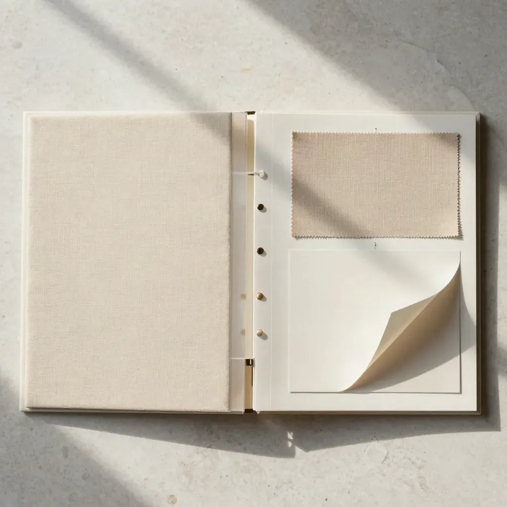 Merkscan-flatlay met binder, stalen, stof en transparante overlays op travertin.