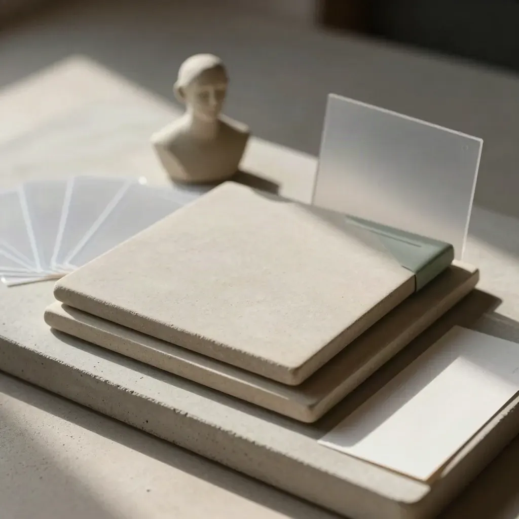 Drie conceptkaarten, een kleimodel en transparante sleeves op een stenen tray in zacht licht.