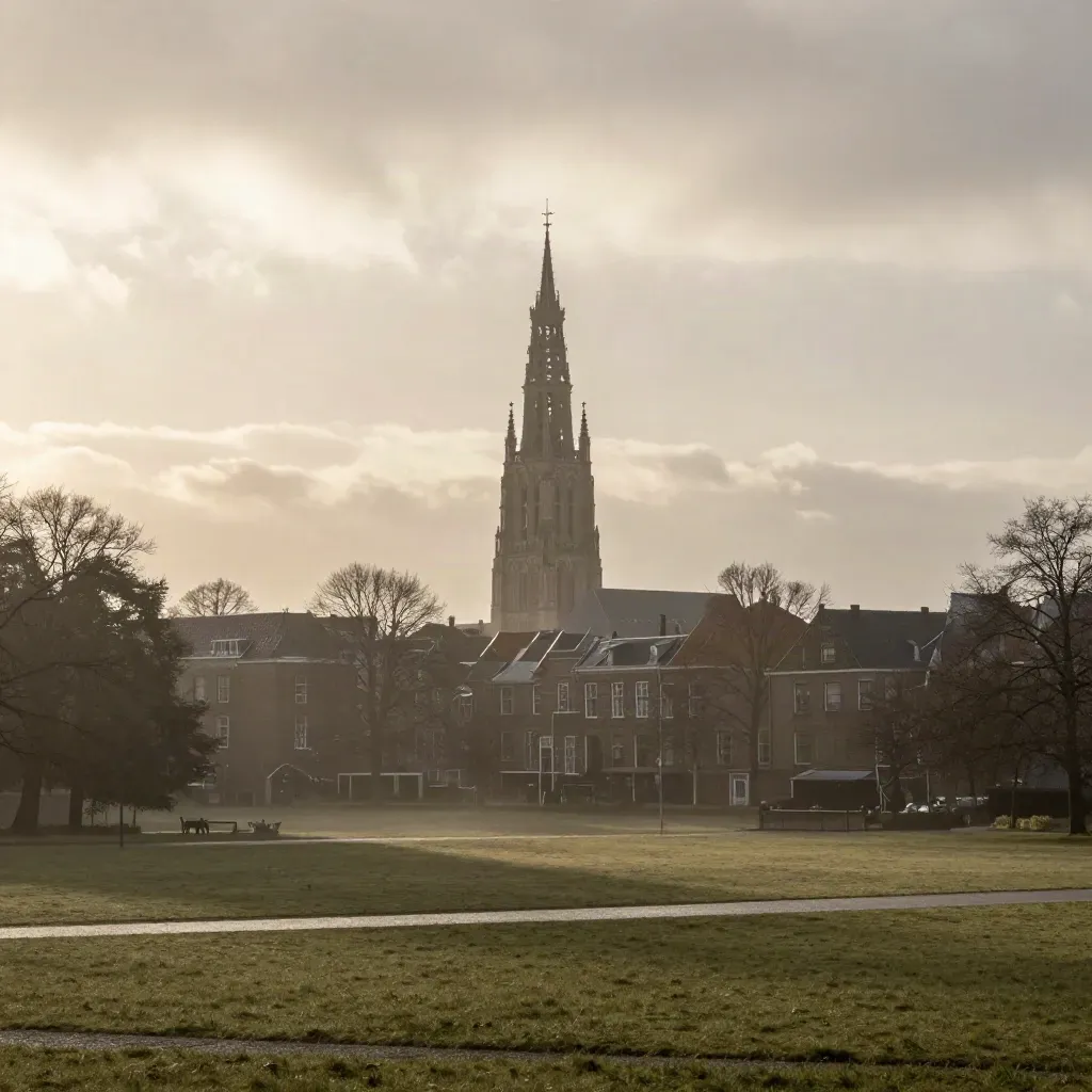 Domtoren boven mistige Utrechtse daken en bomen, gezien vanaf een rustig park.