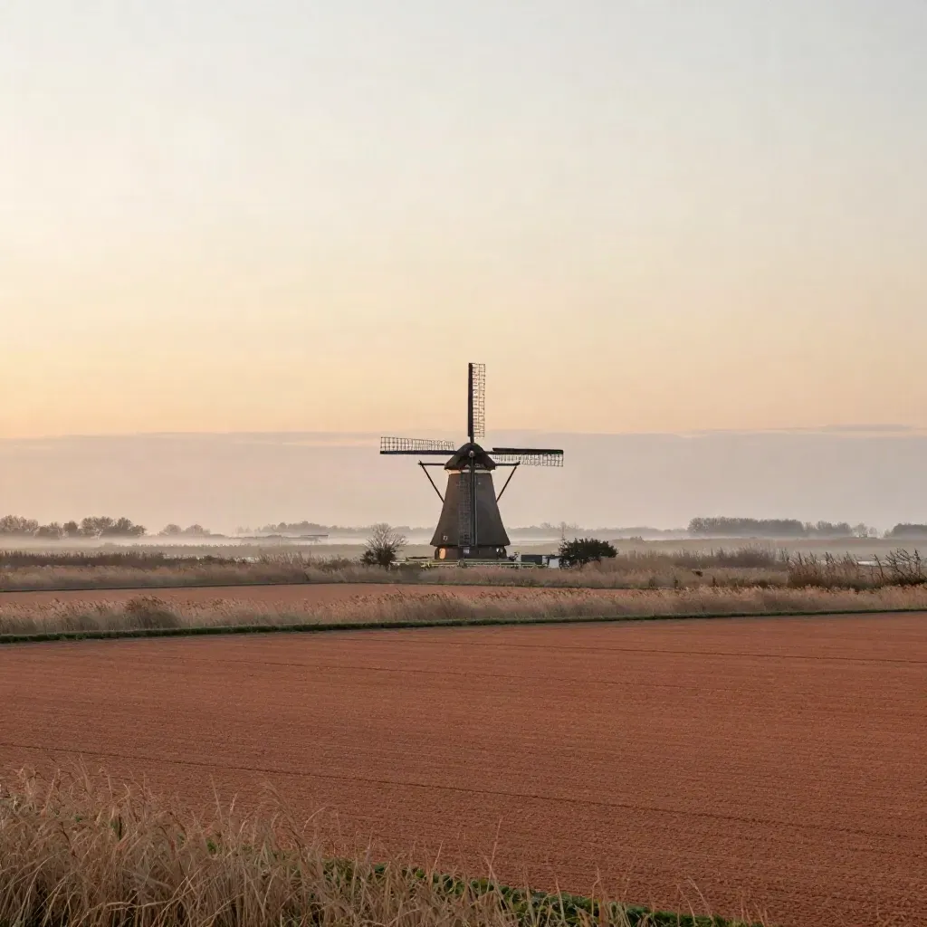 Windmolen boven de polders van Noord-Holland Noord in avondmist, met rustige ruimte voor tekst.