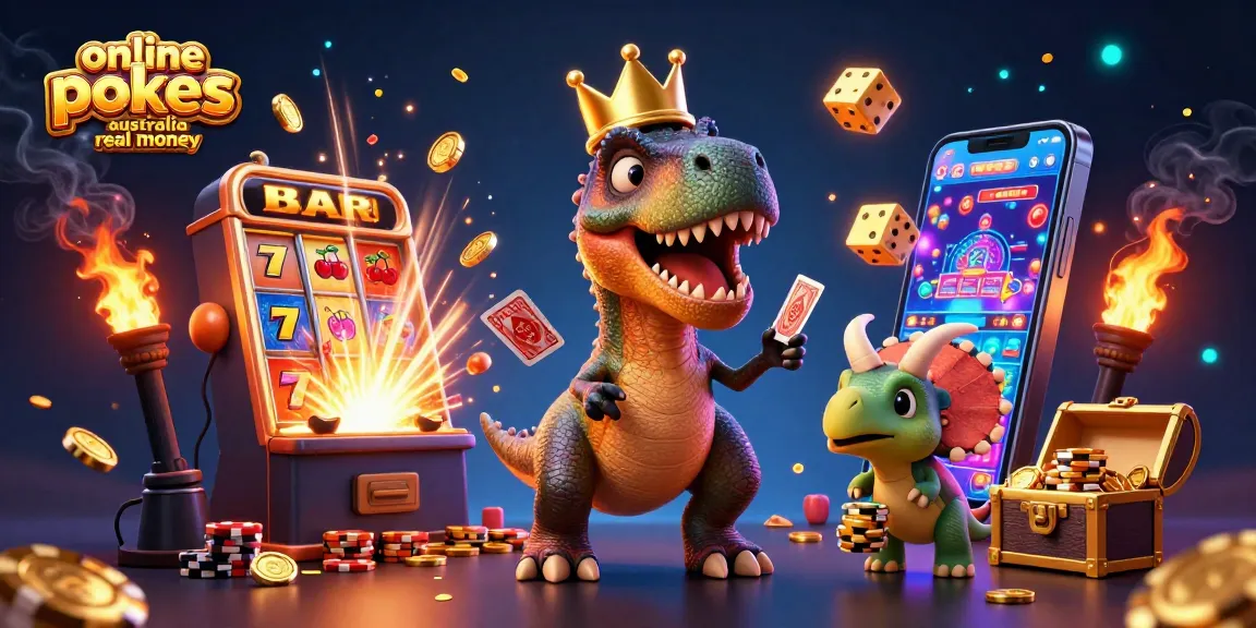 Experience online pokies Australia real money with exciting characters and vibrant casino elements in a dynamic illustration.
