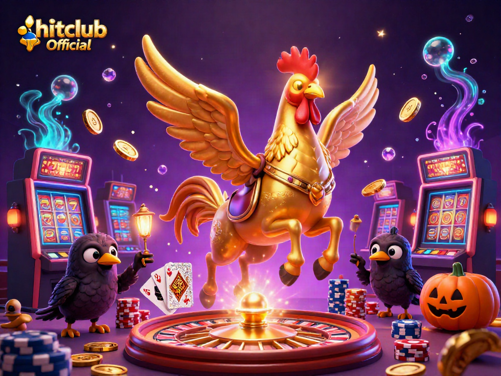 Experience the thrill of gaming at hitclub Official with golden rooster characters amidst casino excitement.