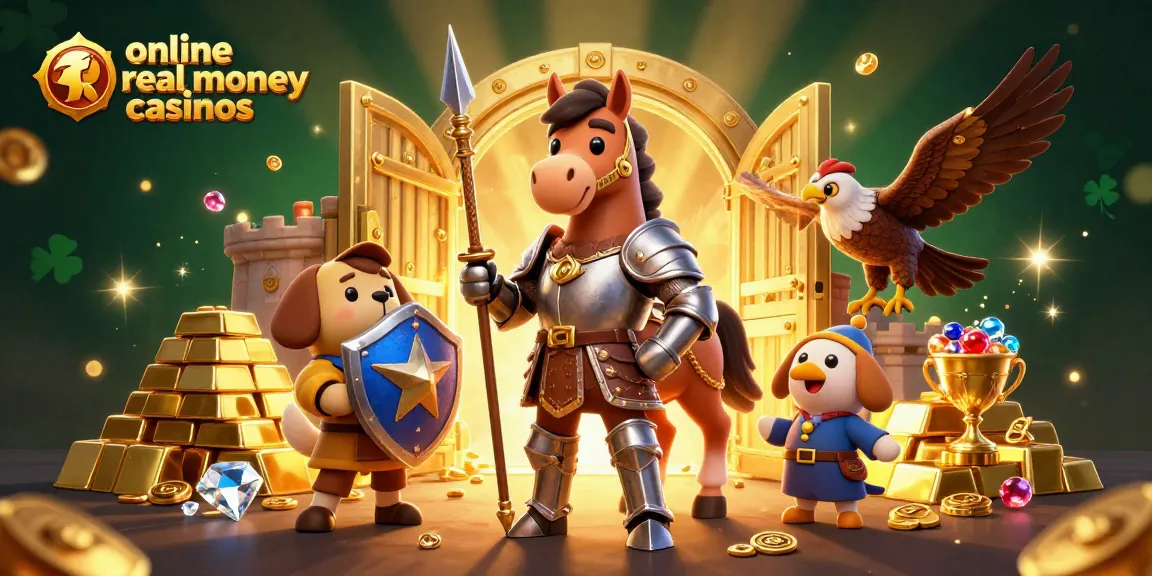 Experience the excitement of online real money casinos with a knight, puppy, and falcon amidst treasures.