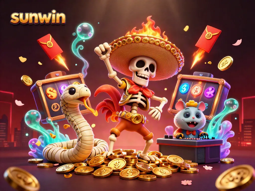 sunwin explores vibrant casino life, featuring dancing rooster, mummy snake, and DJ hamster surrounded by slots.