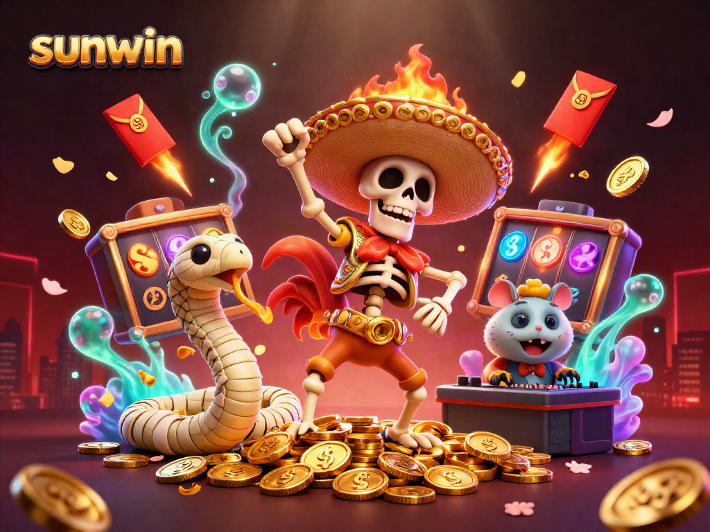 sunwin explores vibrant casino life, featuring dancing rooster, mummy snake, and DJ hamster surrounded by slots.