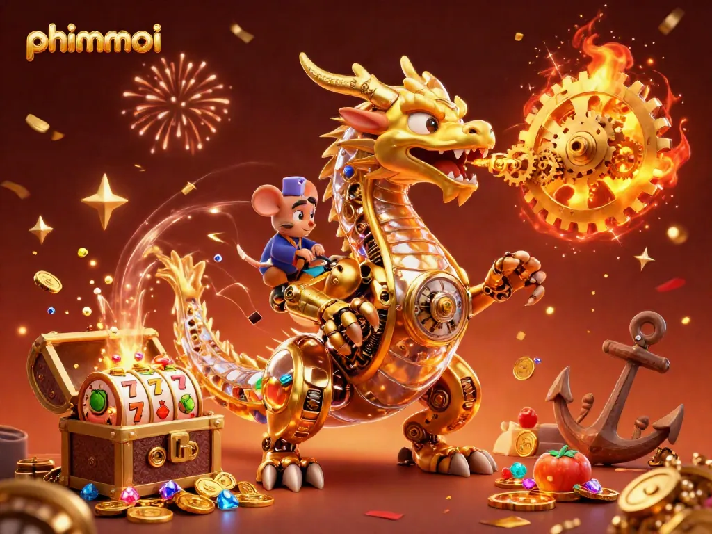 Experience thrilling phimmoi slots with a magical golden dragon and dynamic casino elements.