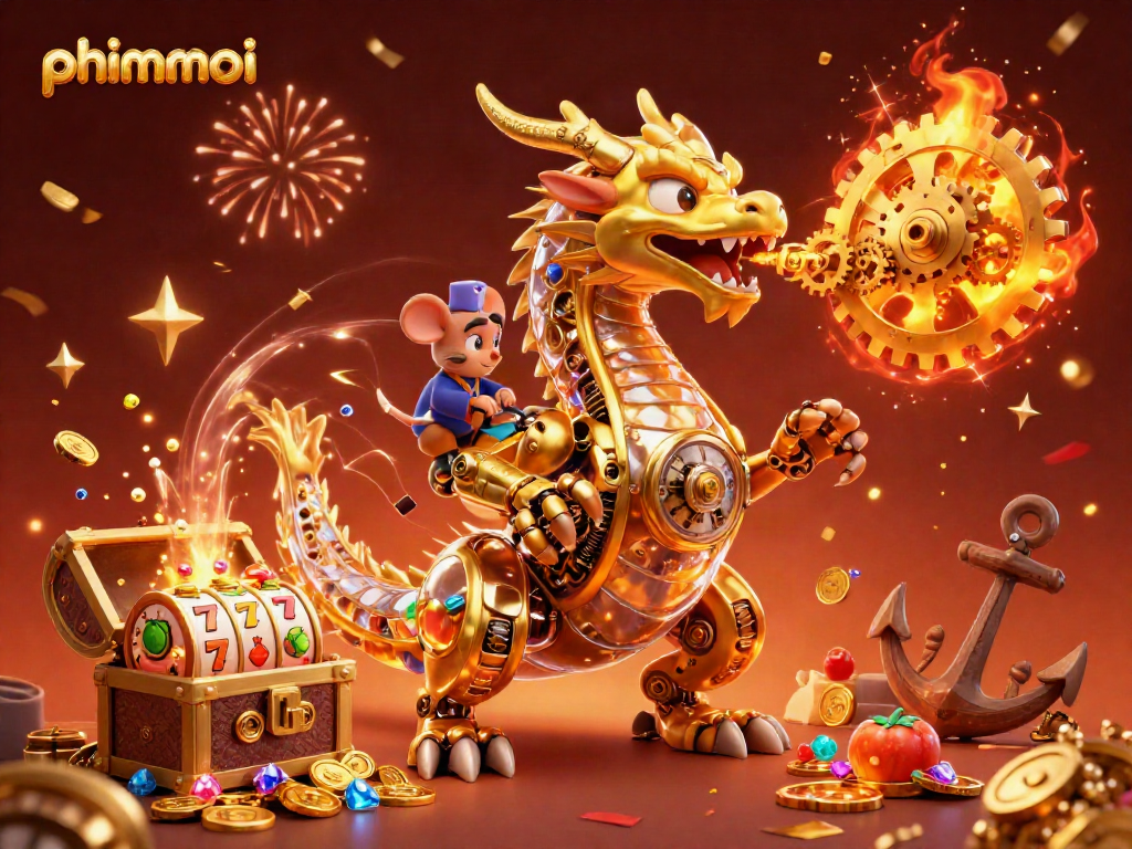 Experience thrilling phimmoi slots with a magical golden dragon and dynamic casino elements.